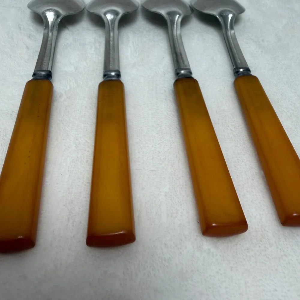 VTG Set of 4 Teaspoons Butterscotch Bakelite Amber Handles‎ MCM Style Farmhouse